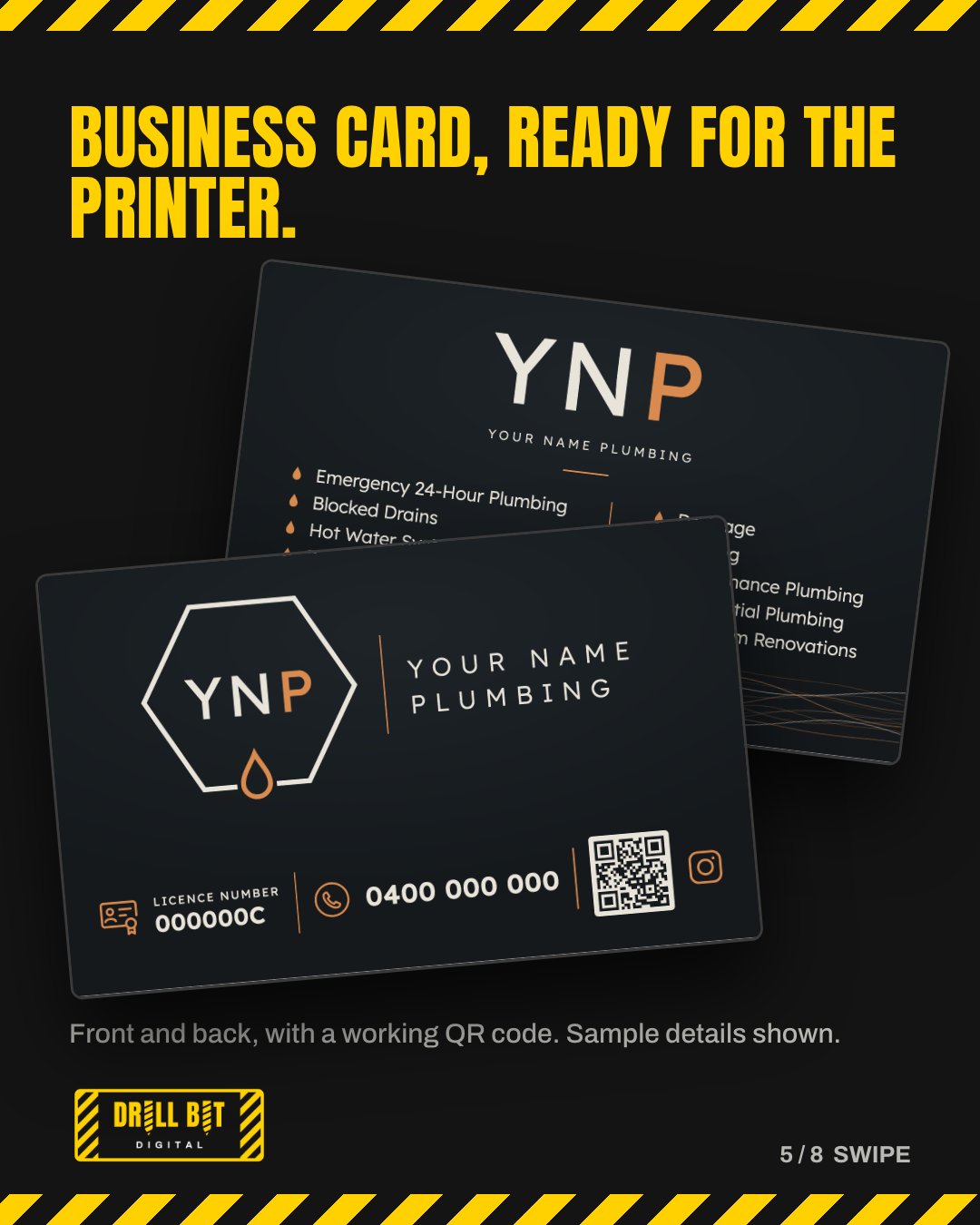 Business card, ready for the printer, front and back, with sample details.